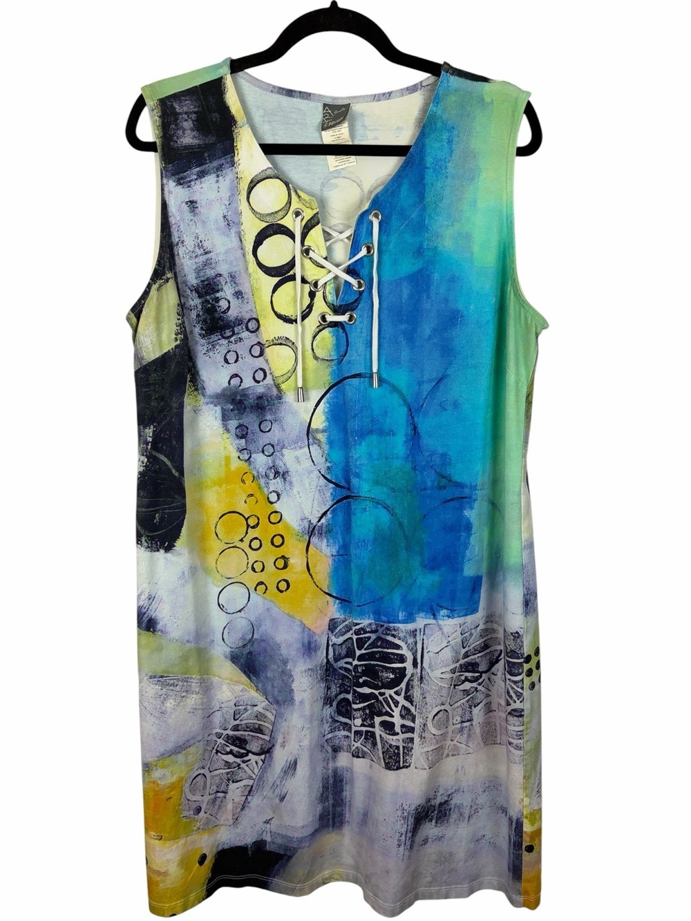 Dolcezza Art Sleeveless Lace-Up Neck Dress Abstract Blue Green Print Size XXL